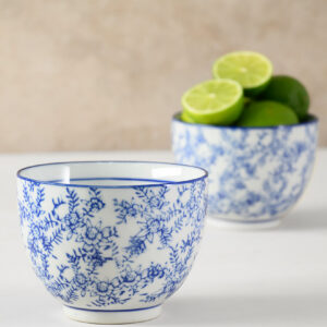 3.25in Tall Qing Dynasty Blue Floral Ceramic Bowls, Set of 2